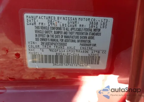 2014 Nissan Sentra Sr из США, поврежденный, VIN 3N1AB7AP4EY296692